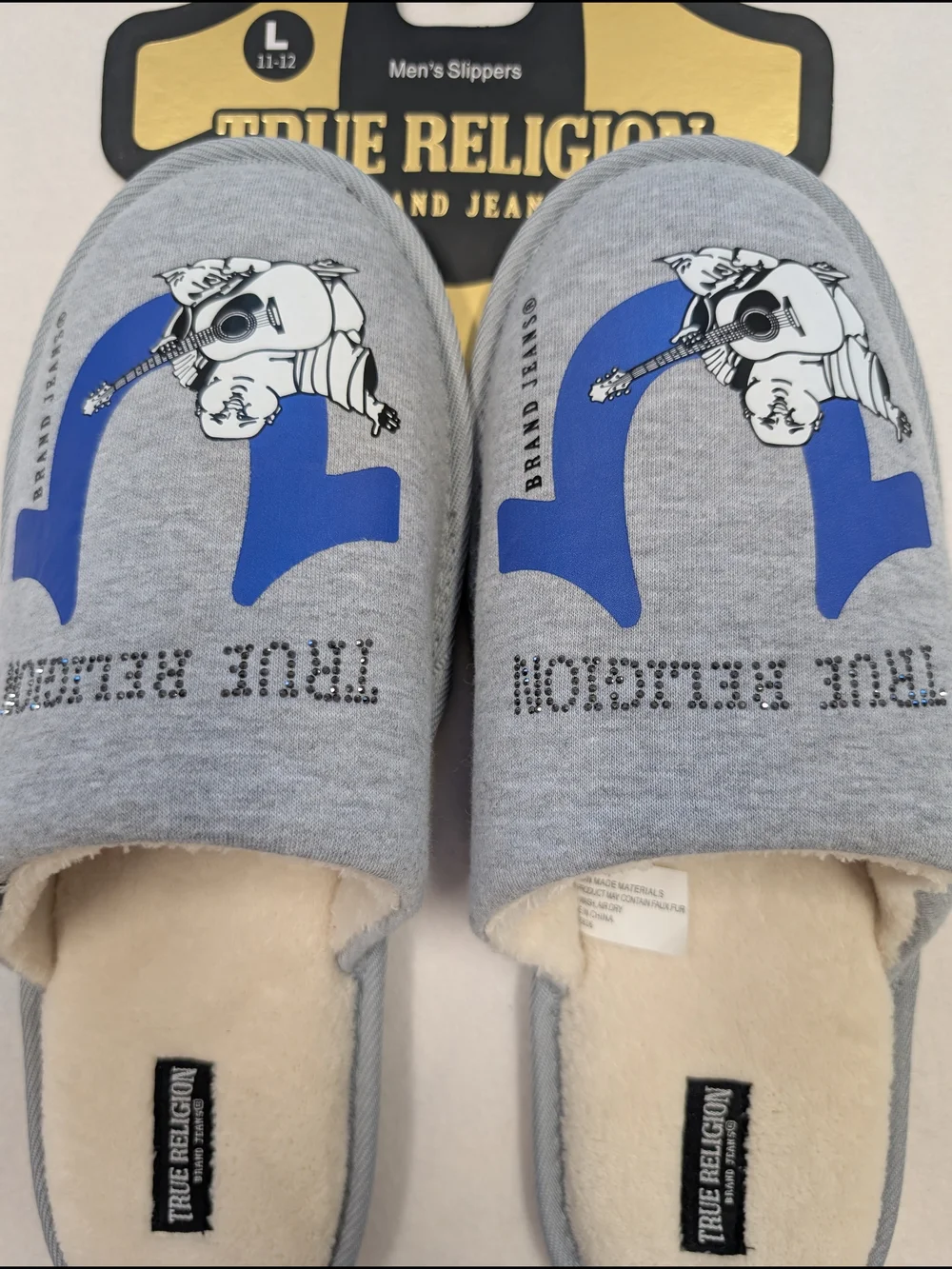 True Religion Men's Gray Slippers Blue Logo Cushioned NWT Size 11-12